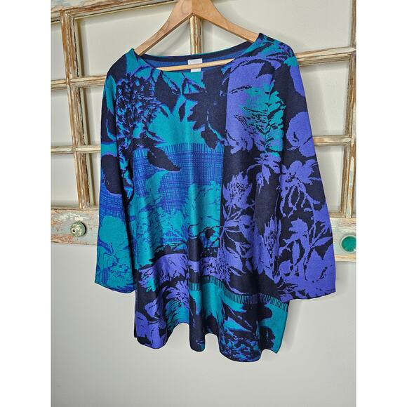 Chico's Tunic Sweater Purple, Blue and Turquoise Leaf Print Size 3/ XL - Picture 1 of 6